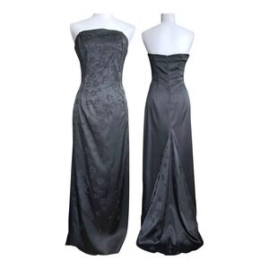 Vintage 90's Y2K Strapless Black‎ Satin Corset Floral Maxi Gown Beaded Goth Prom